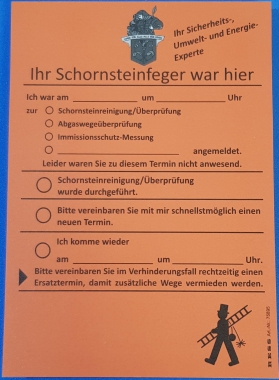 Anmeldezettel Orange, Der Schorns.feger war hier, haftend