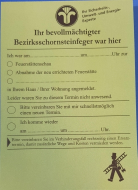 Ansagezettel grün, Ihr bevollm. Bezirksschornsteinfeger war hier, Feuerstättenschau, 100 Blatt,