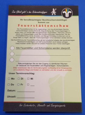 Ansagezettel Feuerstättenschau mit 2-fach Gummierung, Zum Glück gibts den Sch..., DinA 6